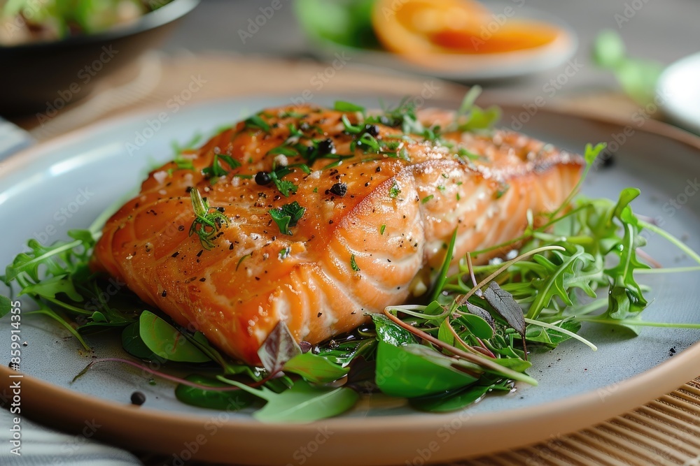 Grilled Salmon Fillet on Fresh Mixed Greens with Lemon and Herb Garnish Grilled Salmon Fillet on Fresh Mixed Greens with Lemon and Herb Garnish