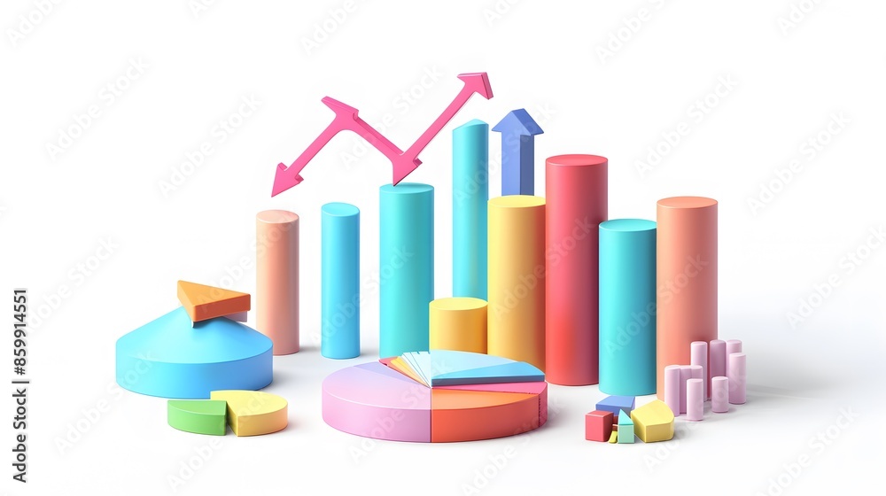 lying composition 3d icon, UI icon, a chart icon, bar chart has a rising arrow on it, bar chart, pie chart, a rising arrow, frosted glass, transparent, white background, transparent technology sense lying composition 3d icon, UI icon, a chart icon, bar chart has a rising arrow on it, bar chart, pie chart, a rising arrow, frosted glass, transparent, white background, transparent technology sense