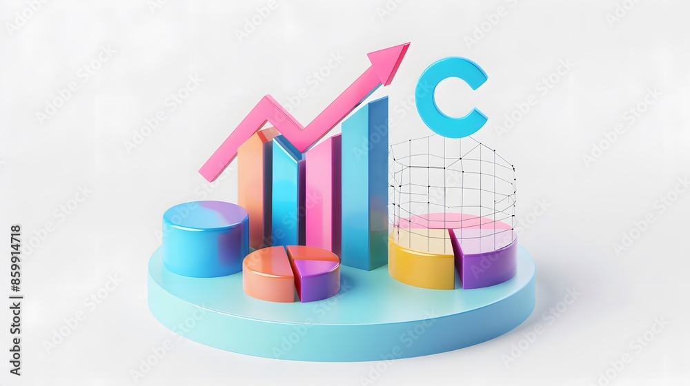 lying composition 3d icon, UI icon, a chart icon, bar chart has a rising arrow on it, bar chart, pie chart, a rising arrow, frosted glass, transparent, white background, transparent technology sense