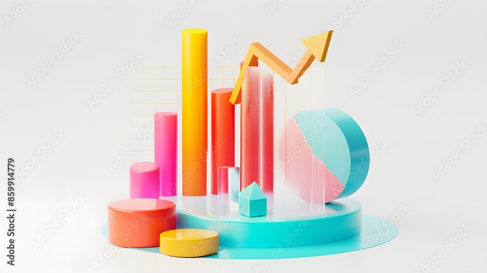 lying composition 3d icon, UI icon, a chart icon, bar chart has a rising arrow on it, bar chart, pie chart, a rising arrow, frosted glass, transparent, white background, transparent technology sense lying composition 3d icon, UI icon, a chart icon, bar chart has a rising arrow on it, bar chart, pie chart, a rising arrow, frosted glass, transparent, white background, transparent technology sense