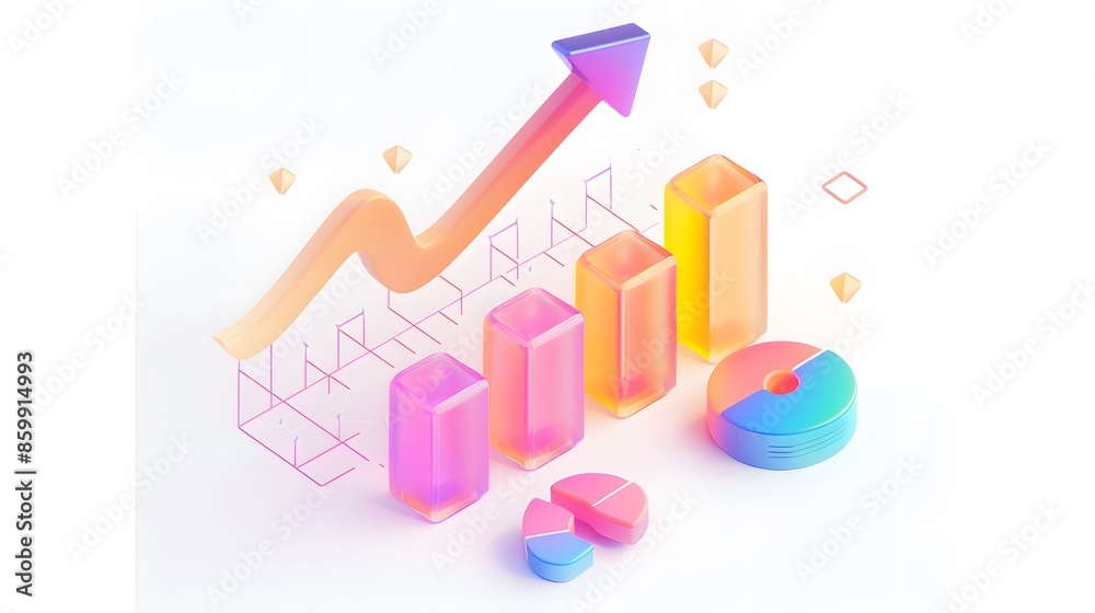 lying composition 3d icon, UI icon, a chart icon, bar chart has a rising arrow on it, bar chart, pie chart, a rising arrow, frosted glass, transparent, white background, transparent technology sense lying composition 3d icon, UI icon, a chart icon, bar chart has a rising arrow on it, bar chart, pie chart, a rising arrow, frosted glass, transparent, white background, transparent technology sense