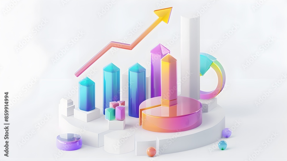 lying composition 3d icon, UI icon, a chart icon, bar chart has a rising arrow on it, bar chart, pie chart, a rising arrow, frosted glass, transparent, white background, transparent technology sense lying composition 3d icon, UI icon, a chart icon, bar chart has a rising arrow on it, bar chart, pie chart, a rising arrow, frosted glass, transparent, white background, transparent technology sense
