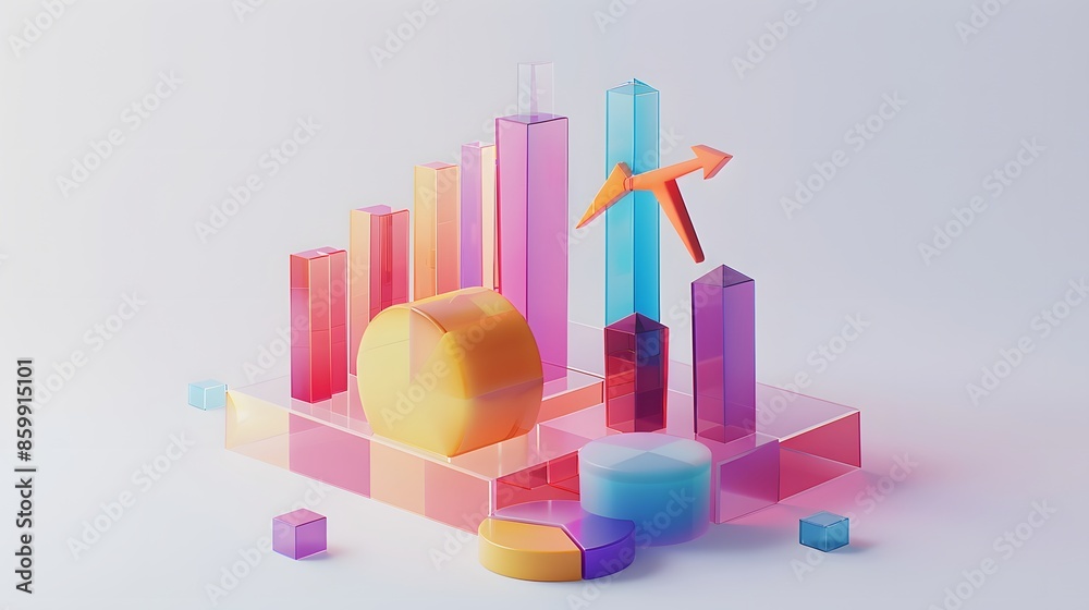 lying composition 3d icon, UI icon, a chart icon, bar chart has a rising arrow on it, bar chart, pie chart, a rising arrow, frosted glass, transparent, white background, transparent technology sense lying composition 3d icon, UI icon, a chart icon, bar chart has a rising arrow on it, bar chart, pie chart, a rising arrow, frosted glass, transparent, white background, transparent technology sense