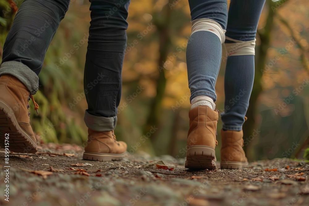 Partners walking cautiously with bandages, symbolizing overcoming accidents together Partners walking cautiously with bandages, symbolizing overcoming accidents together