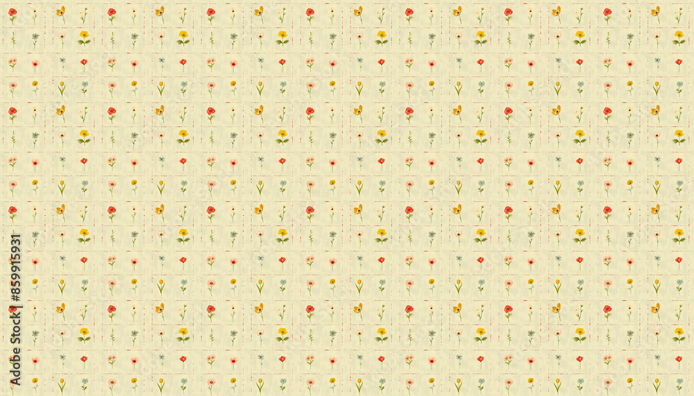 A pattern that features small flowers in squares in pastel colors on cream linen fabric, each square grid contains one flower from various varieties A pattern that features small flowers in squares in pastel colors on cream linen fabric, each square grid contains one flower from various varieties