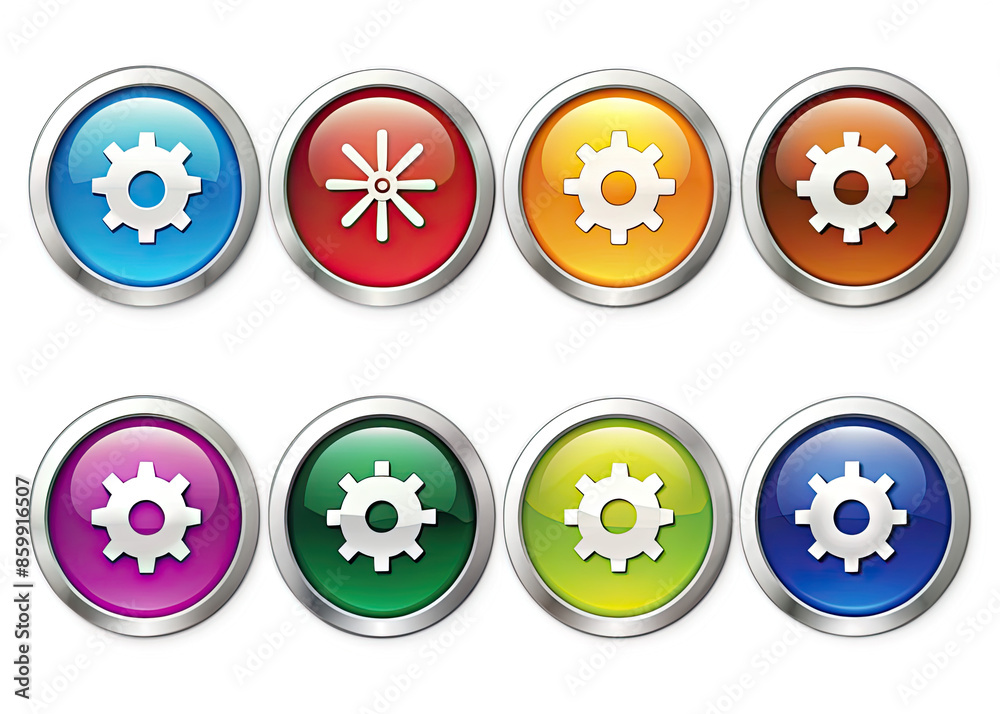 A collection of eight colorful, glossy, round buttons featuring gear settings icons, isolated on a white background. Generative AI A collection of eight colorful, glossy, round buttons featuring gear settings icons, isolated on a white background. Generative AI