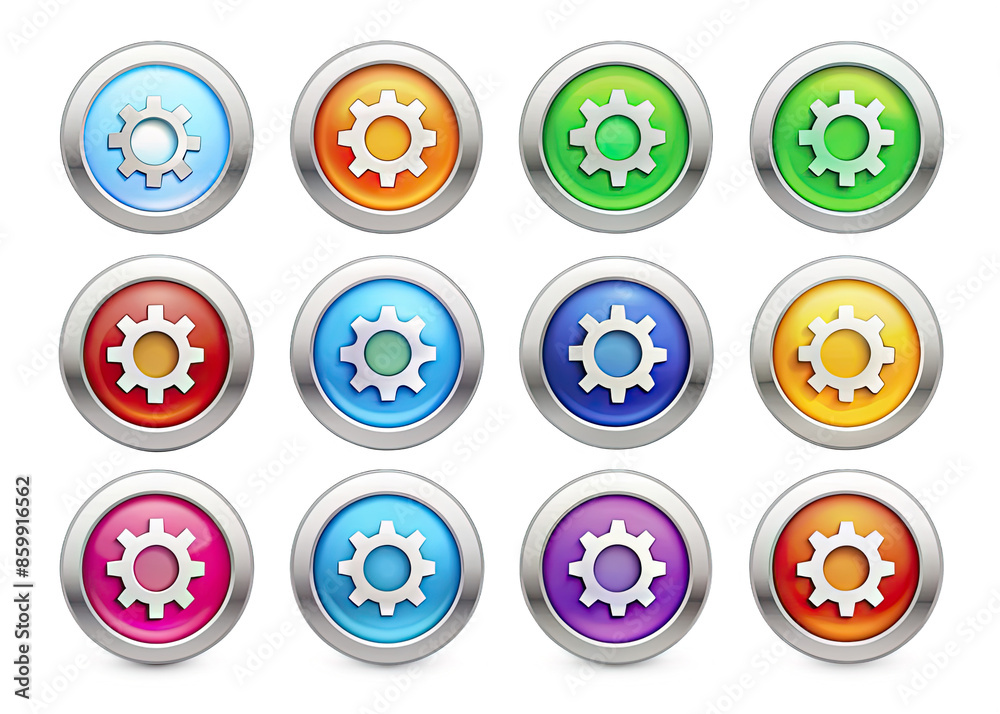 A collection of twelve colorful, circular icons featuring a gear symbol on a white background. The icons have a metallic border and various shades of blue, red, green, yellow, and purple. Generative A A collection of twelve colorful, circular icons featuring a gear symbol on a white background. The icons have a metallic border and various shades of blue, red, green, yellow, and purple. Generative A