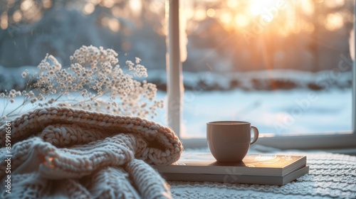 Cozy Winter Morning with Coffee, Books, and Sunlight by the Window photo