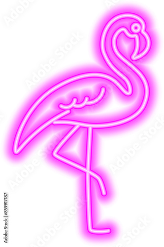 Abstract pink flamingo bird, neon glowing illustration. Minimalistic pink neon glowing line design.