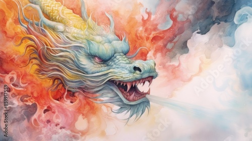 Watercolor painting picture of colored smoke converges into the appearance of a Chinese dragon the symbol of astrology. Oriental style serpent painted by colorful color convey sense of fortune. AIG35. photo