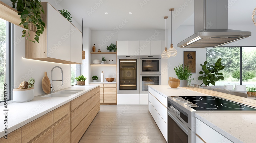 Fototapeta premium Kitchen with eco-friendly design, featuring energy-efficient appliances and natural materials