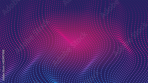 Abstract dotted waving particles in neon colors, technology background design. Futuristic halftone faded texture, grunge pattern made of dots, circles. Abstract wave moving dots flow particles.