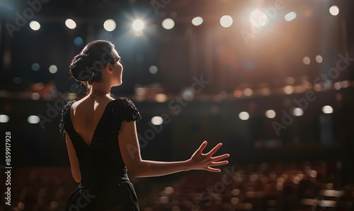Soprano opera singer in elegant attire performing on stage engaging with audience, Generative AI