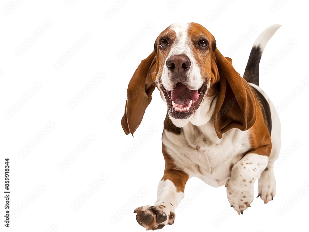 Full body shot of Bassett Hound dog, running happily, smiling. Full body shot of Bassett Hound dog, running happily, smiling.