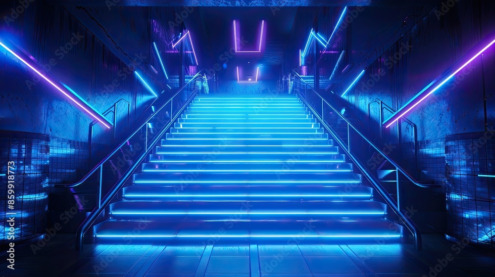 Fototapeta premium Blue neon lights, stairs, and spotlights make up this abstract scene