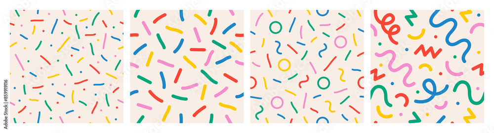 Fun colorful line seamless pattern set. Cute playful childish hand drawn print collection. Creative multicolor shape background. Simple confetti party texture. Vector illustration