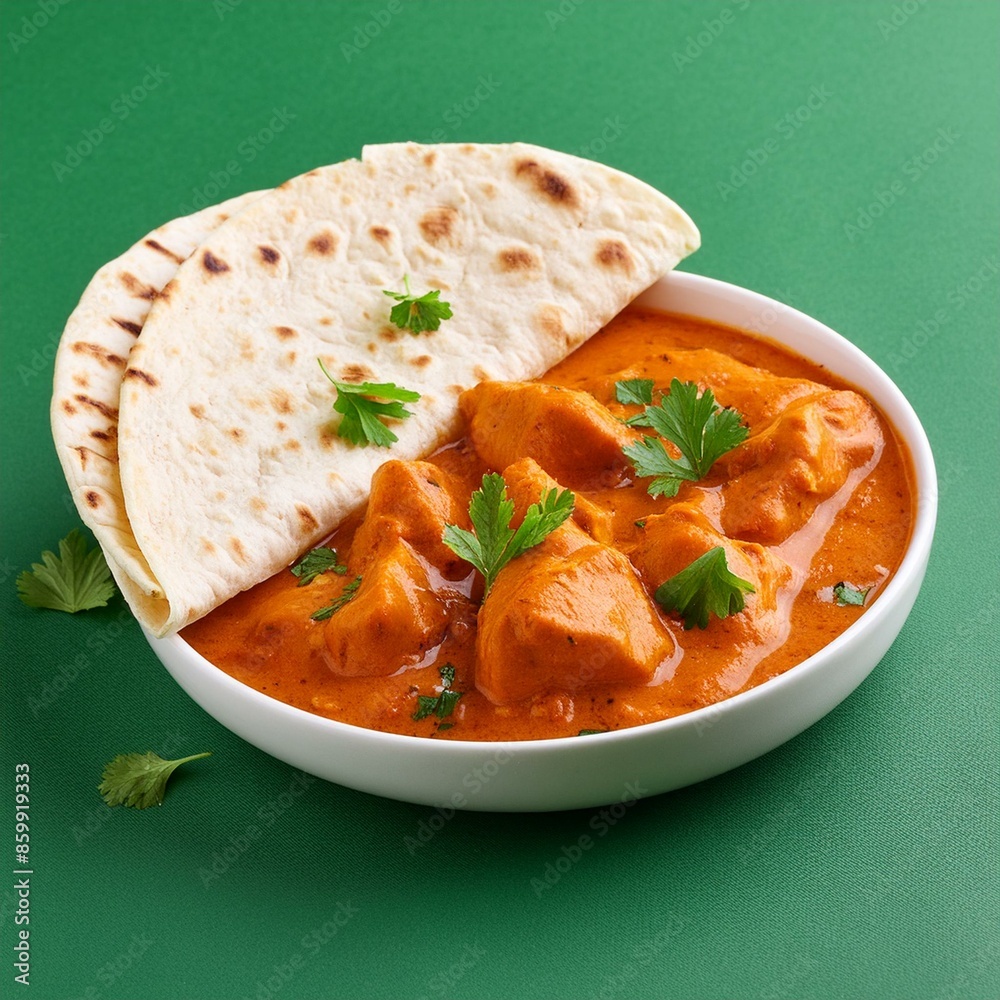 Indian food chicken tikka masala with chapati on green background Indian food chicken tikka masala with chapati on green background