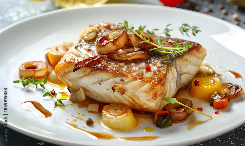 Swordfish with Caramelized Onions and Vegetable, Generative AI Swordfish with Caramelized Onions and Vegetable, Generative AI