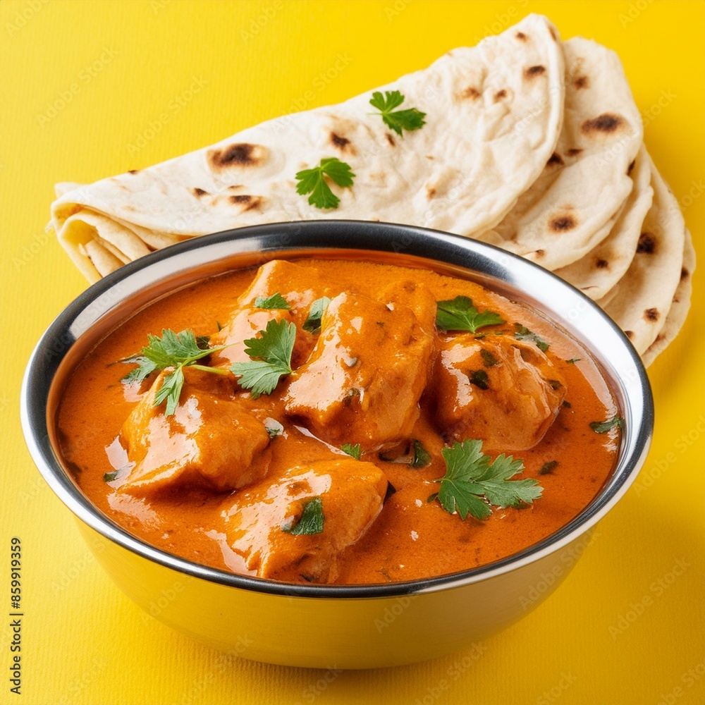 Indian food chicken tikka masala with chapati on yellow background Indian food chicken tikka masala with chapati on yellow background
