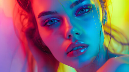 Beauty high fashion model girl in colorful bright neon lights posing in studio Portrait of beautiful woman in UV Art design colorful make up On colourful vivid glowing background art d : Generative AI