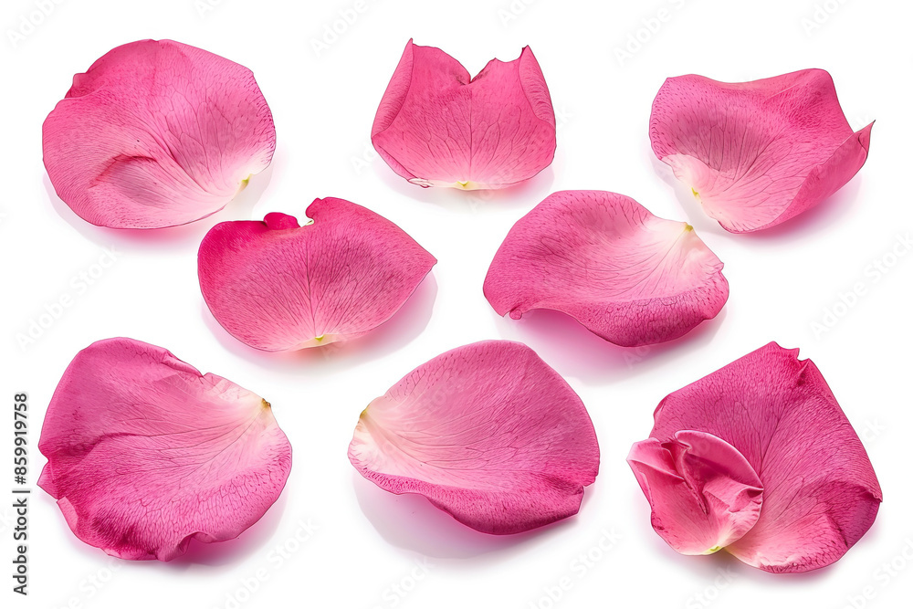 Delicate pink rose petals spread out on a white background, perfect for romantic and floral themed designs Delicate pink rose petals spread out on a white background, perfect for romantic and floral themed designs