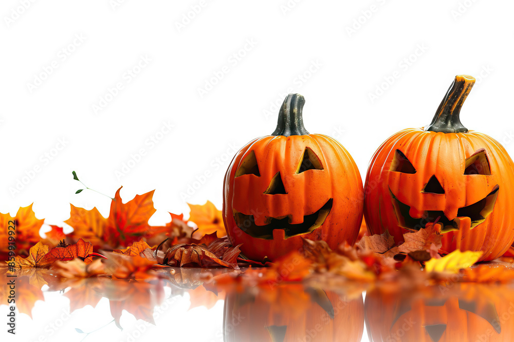 Two carved pumpkins surrounded by colorful autumn leaves, reflected on a water surface, capturing the essence of fall