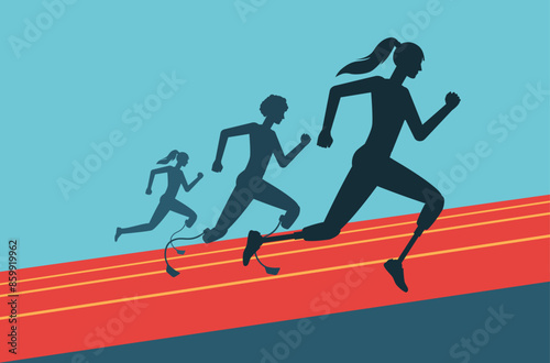 Abstract silhouette of sports woman athlete with prosthetic leg. Paralympic athlete, professional runner.