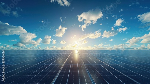 Realistic image of a solar farm with rows of panels stretching into the horizon, bright sunny day, illustration background
