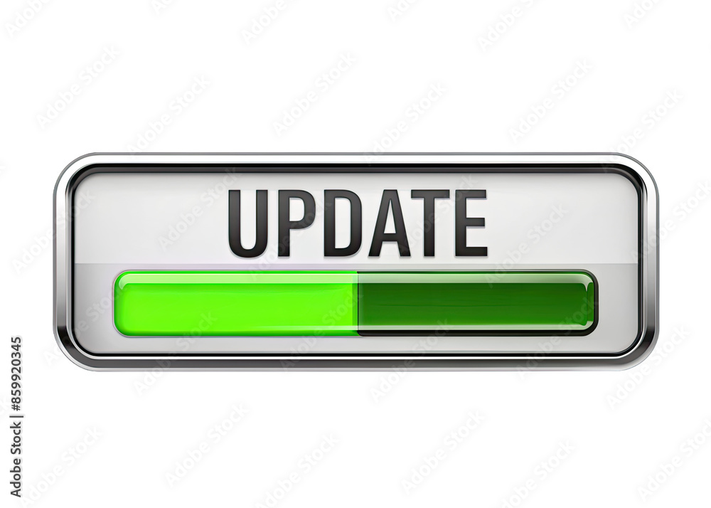 A close-up of a silver button with the word UPDATE in black text and a green progress bar, isolated on a white background. Generative AI A close-up of a silver button with the word UPDATE in black text and a green progress bar, isolated on a white background. Generative AI