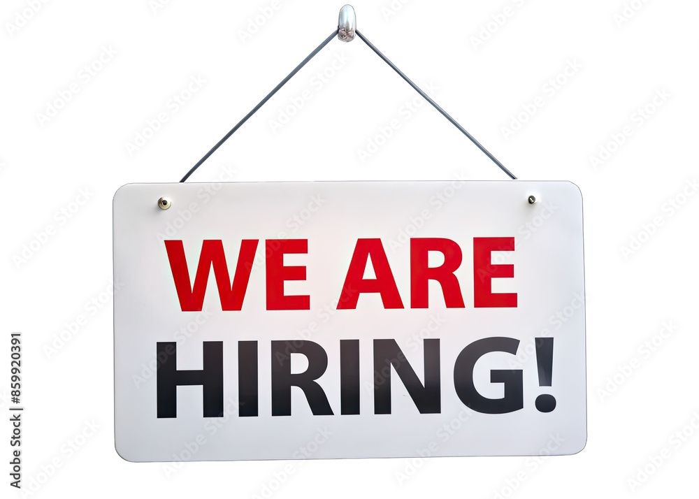A white hanging sign with red and black text reads We Are Hiring! against a white background. Generative AI A white hanging sign with red and black text reads We Are Hiring! against a white background. Generative AI
