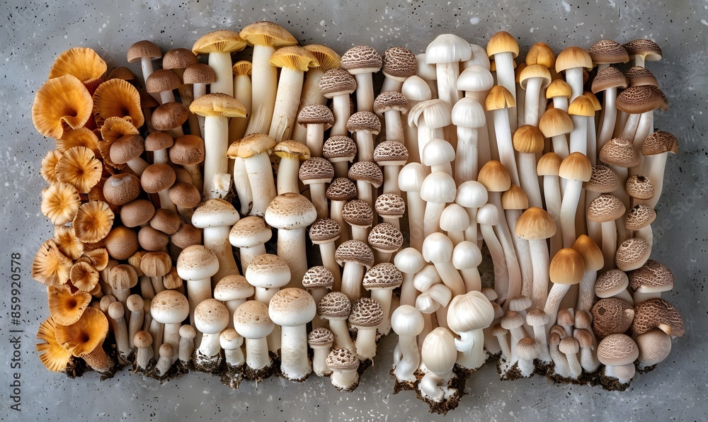 Variety of mushrooms brown white small in a horizontal line, Generative AI Variety of mushrooms brown white small in a horizontal line, Generative AI