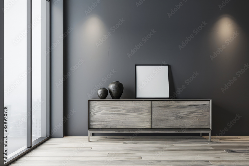 Stylish Living room composition in grey neutral tones with minimal furniture and natural window lighting. Residential Real Estate mockup composition for advertising. Stylish Living room composition in grey neutral tones with minimal furniture and natural window lighting. Residential Real Estate mockup composition for advertising.