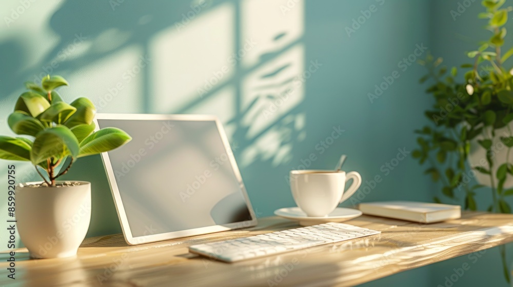Sunlit Workspace with Tablet, Cup, and Greenery on Wooden Desk Sunlit Workspace with Tablet, Cup, and Greenery on Wooden Desk