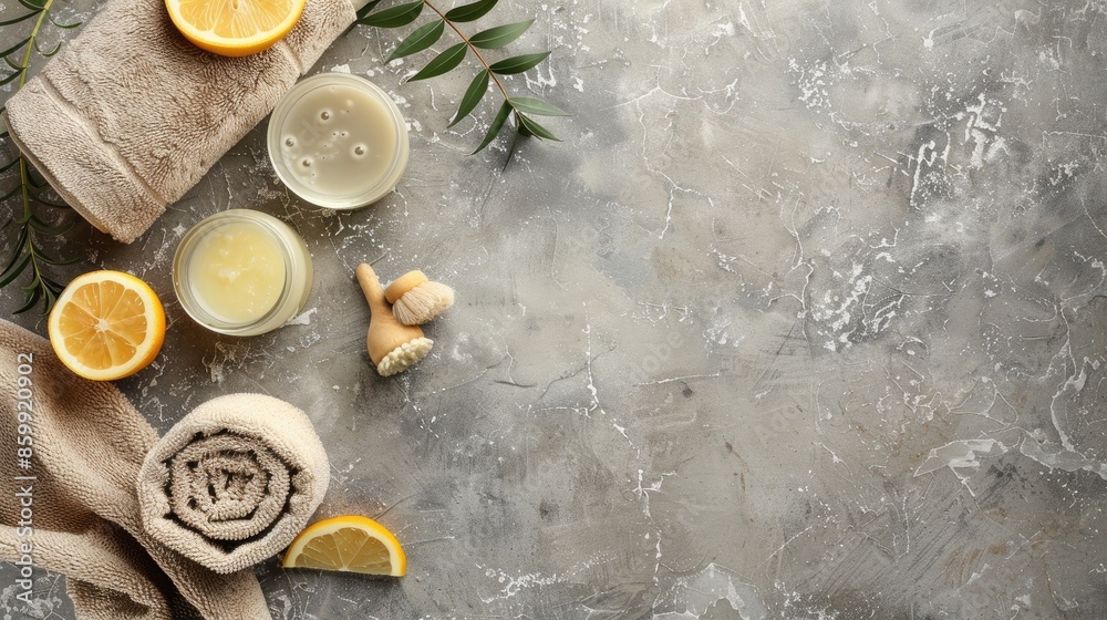 Organic bath products on gray stone background with copy space Flat lay mockup Organic bath products on gray stone background with copy space Flat lay mockup