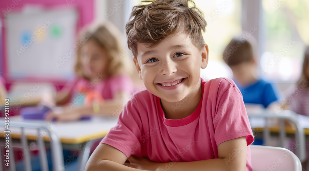 Gut gelaunter Junge im rosa Shirt am ersten Schultag