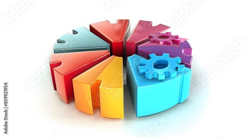 business pie chart cogwheel 3d illustration profit growth setting configuration connection, white background