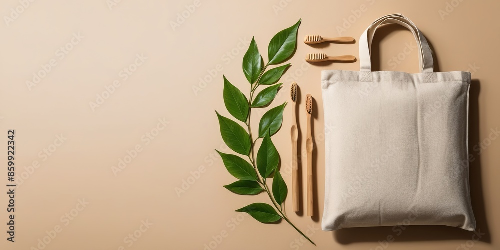 Canvas shopping bag containing natural bamboo toothbrushes and green leaves. Top view, flat lay with space for text. Eco-friendly shop banner highlighting organic products, zero waste,and plastic-free Canvas shopping bag containing natural bamboo toothbrushes and green leaves. Top view, flat lay with space for text. Eco-friendly shop banner highlighting organic products, zero waste,and plastic-free