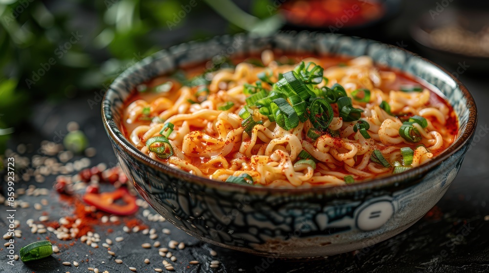 A delicious bowl of spicy ramen noodles garnished with fresh herbs and sesame seeds, perfect for a flavorful and satisfying meal.