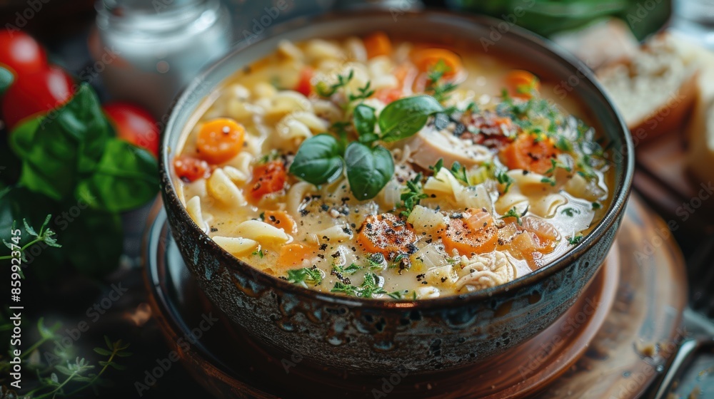 A mouth-watering chicken pasta soup served with fresh herbs and vegetables, perfect for a comforting meal.