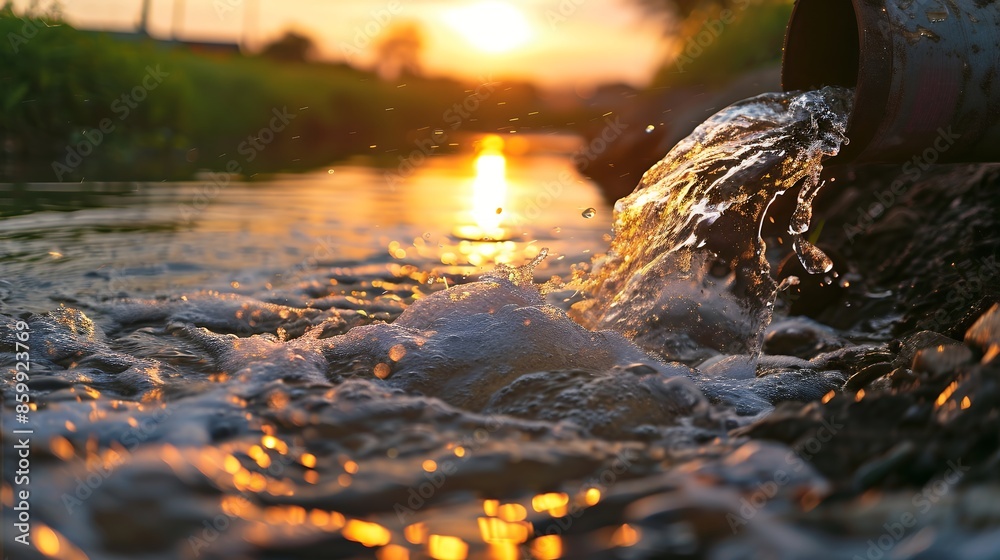 Water flowing out of pipe into river in nature, closeup. Water planning and use concept. Flat lay. Sunlight. Realistic photo with bokeh effect. A large amount of water is being thrown from the sewer t Water flowing out of pipe into river in nature, closeup. Water planning and use concept. Flat lay. Sunlight. Realistic photo with bokeh effect. A large amount of water is being thrown from the sewer t