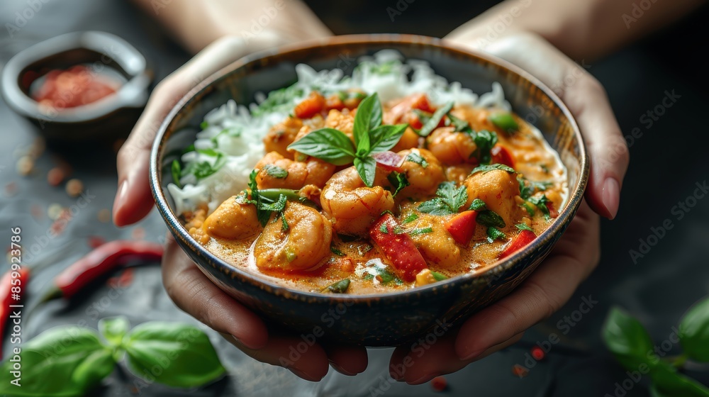 Close-up of a delicious Thai red curry with chicken and rice, garnished with fresh herbs, presented in a rustic bowl. Close-up of a delicious Thai red curry with chicken and rice, garnished with fresh herbs, presented in a rustic bowl.