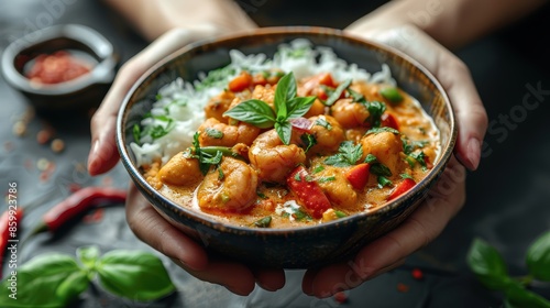 Close-up of a delicious Thai red curry with chicken and rice, garnished with fresh herbs, presented in a rustic bowl.