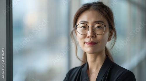 Portrait of an Asian business woman in her office, looking at the camera with a smile and wearing glasses while standing against a blurred window background. A young Korean female professional worker Free Download Portrait of an Asian business woman in her office, looking at the camera with a smile and wearing glasses while standing against a blurred window background. A young Korean female professional worker - GFXLoad