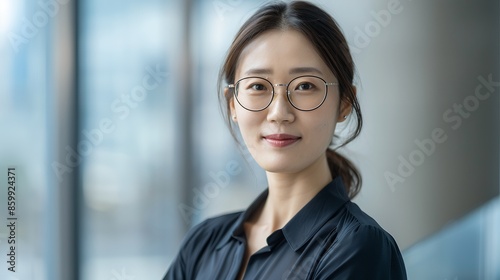 Portrait of an Asian business woman in her office, looking at the camera with a smile and wearing glasses while standing against a blurred window background. A young Korean female professional worker 