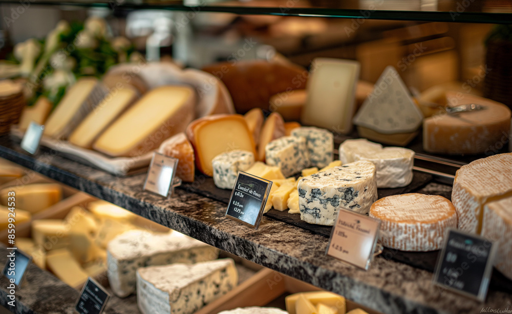 Variety of cheeses and grapes displayed on a marble counter. Variety of cheeses and grapes displayed on a marble counter.