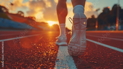 A runner's foot steps on the finish line of a track with the setting sun behind them.