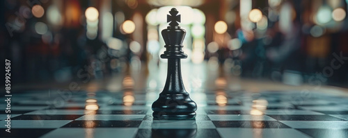 A black chess piece is on a black and white checkered board. The image has a moody and mysterious feel to it, as the piece is the only one visible in the scene