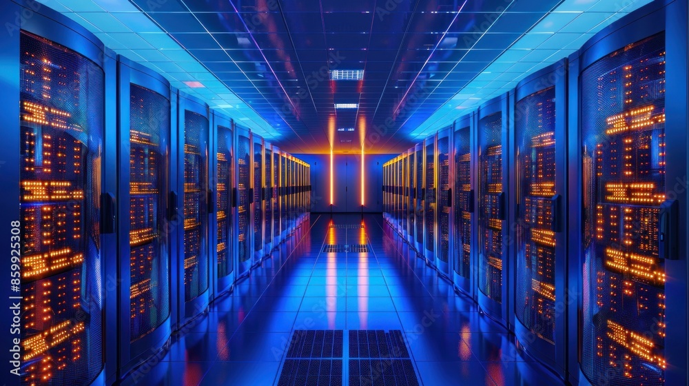 Fototapeta premium Server Room with Blue and Orange Lights