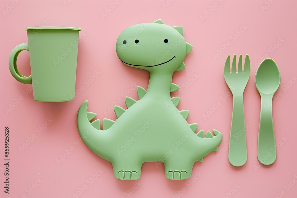 Naklejka premium Eco-friendly childrens dining set. Green dinosaur-shaped plate, spoon, fork, and cup on a pink backdrop. Ideal for online stores selling sustainable kids products