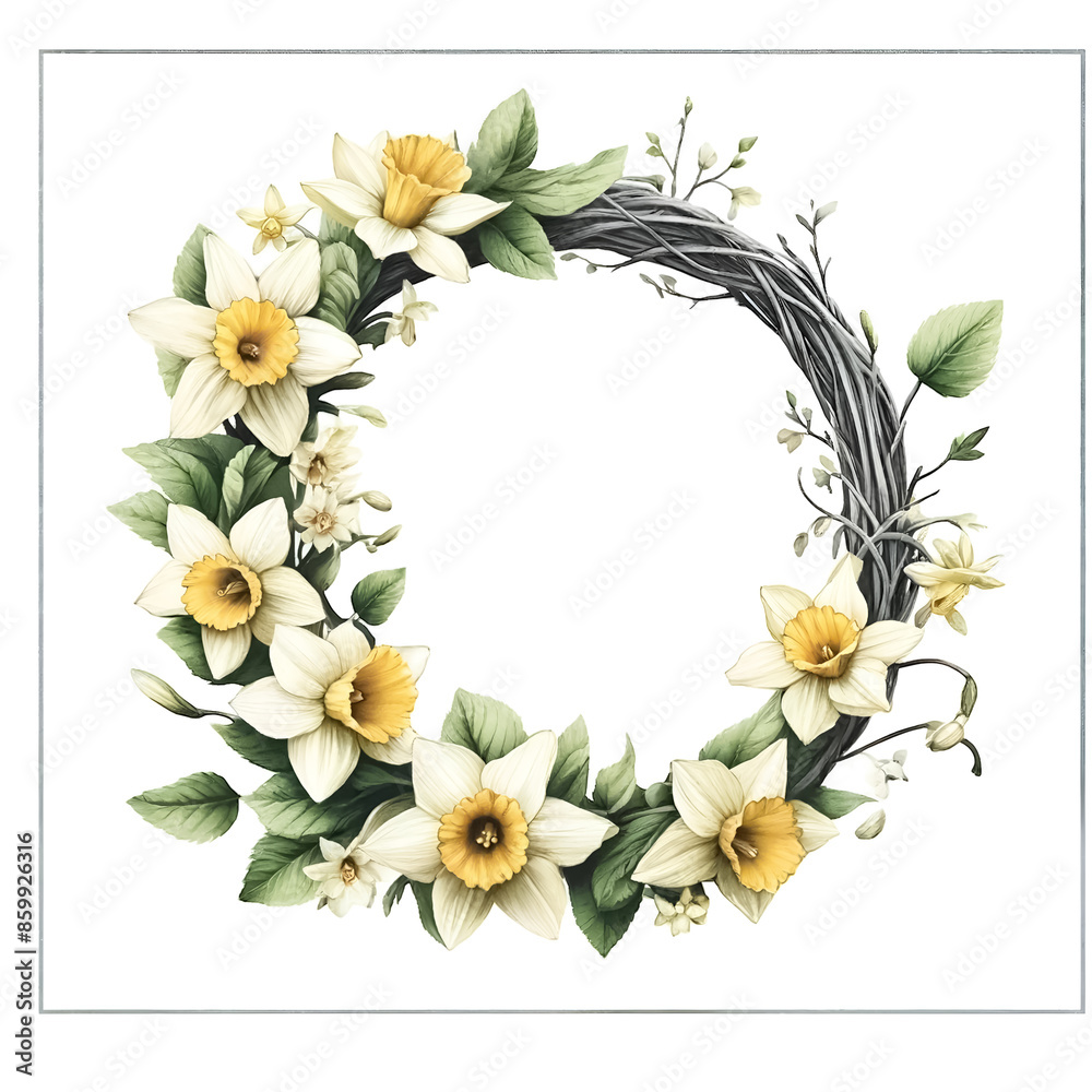 Fototapeta premium Daffodil wreath clipart with daffodils intertwined with greenery 